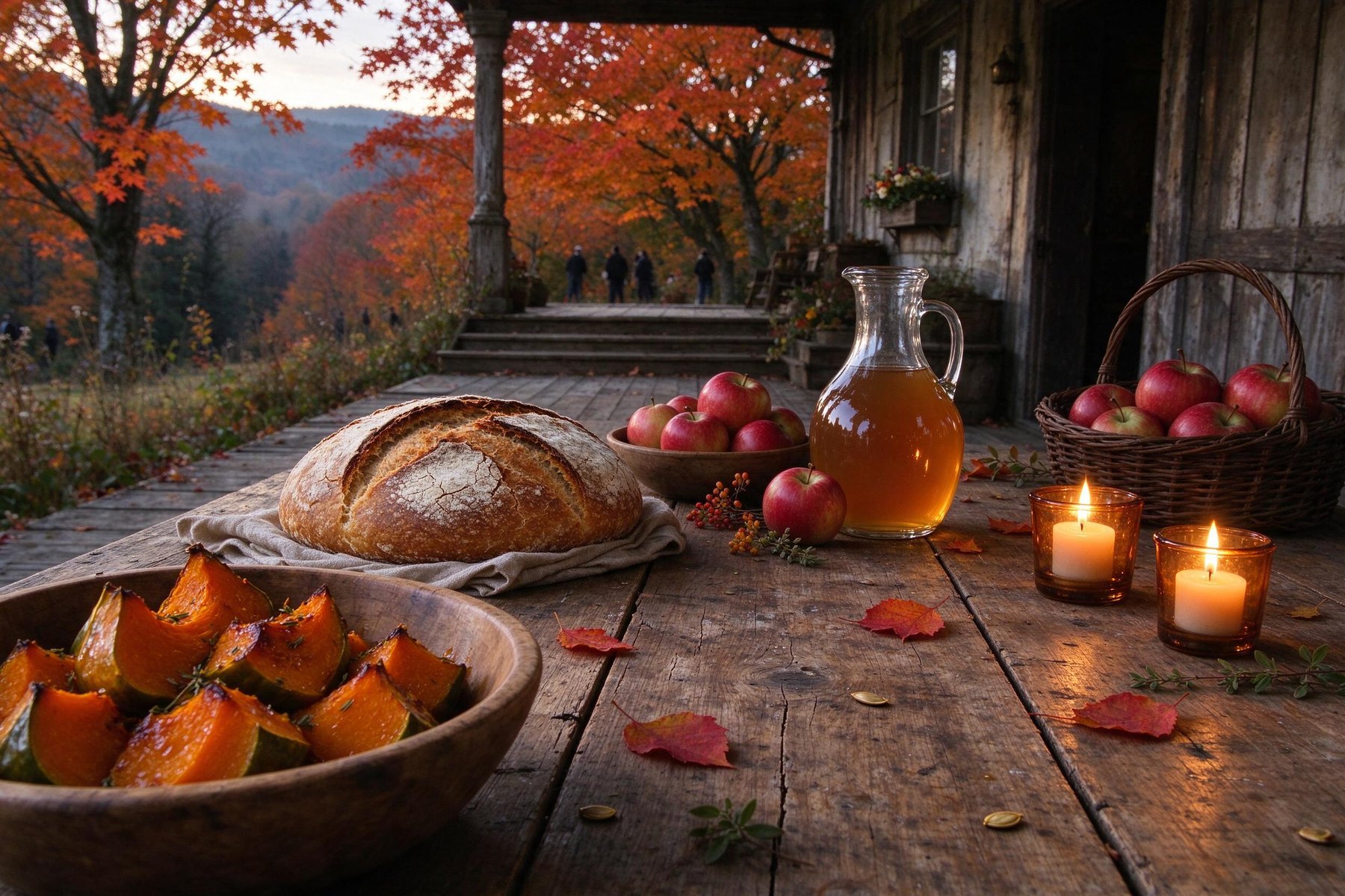 Roasted squash, sourdough, apples and cider on the farmhouse porch in autumn