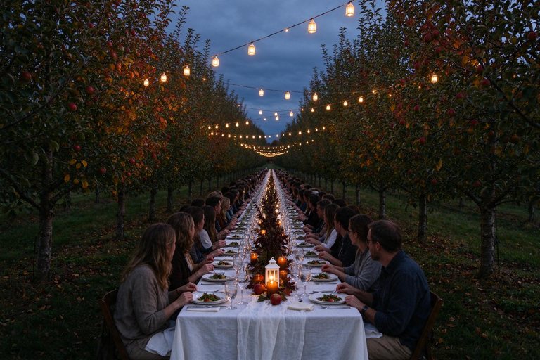 Long candlelit table in the orchard under lanterns