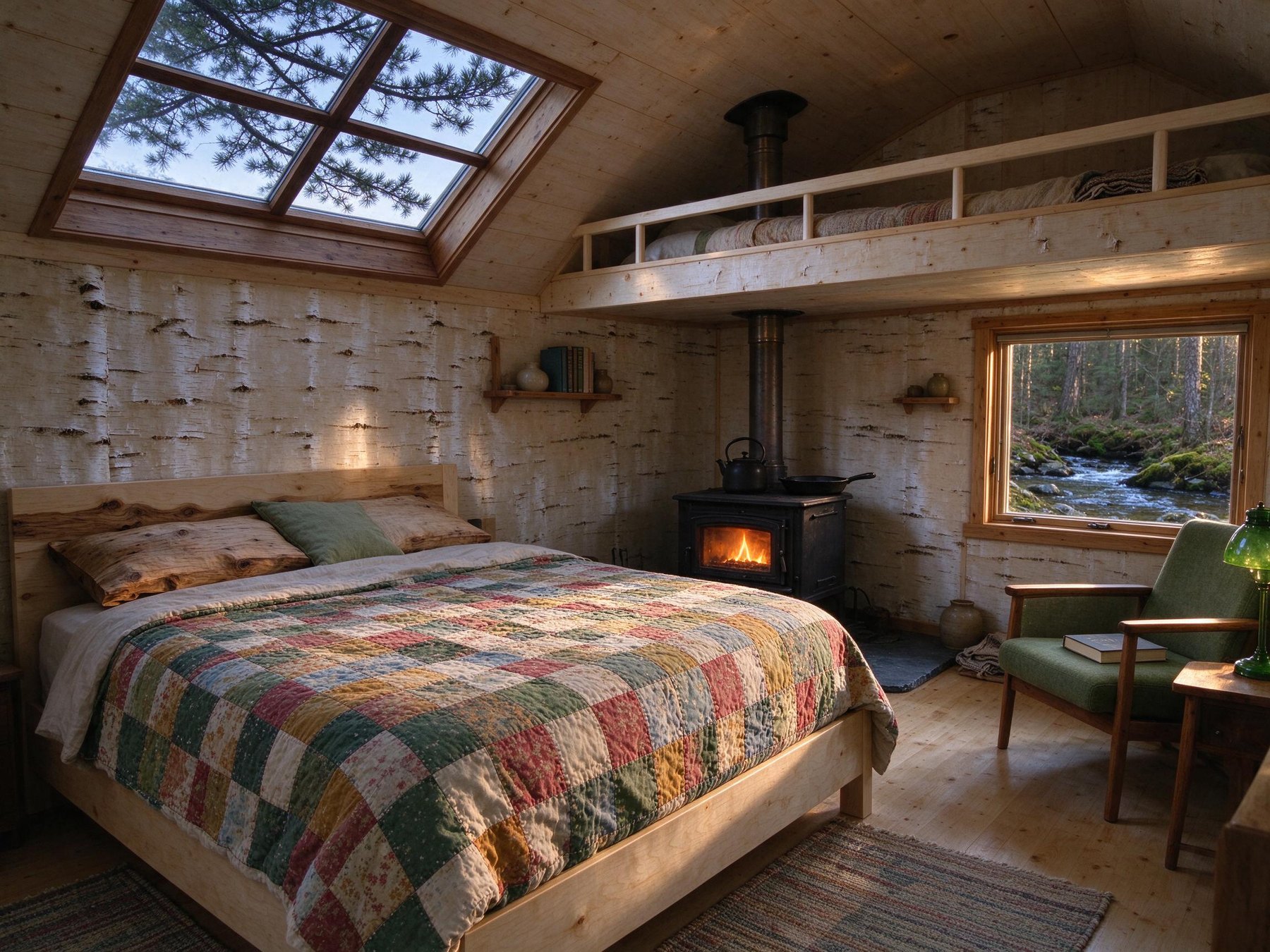The Birch Cabin with a quilted bed under a skylight and a wood stove