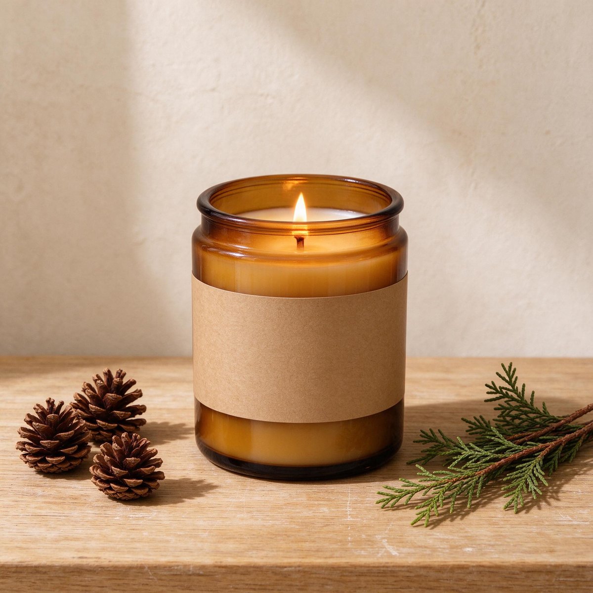 Lit soy candle in an amber jar with pine cones and cedar