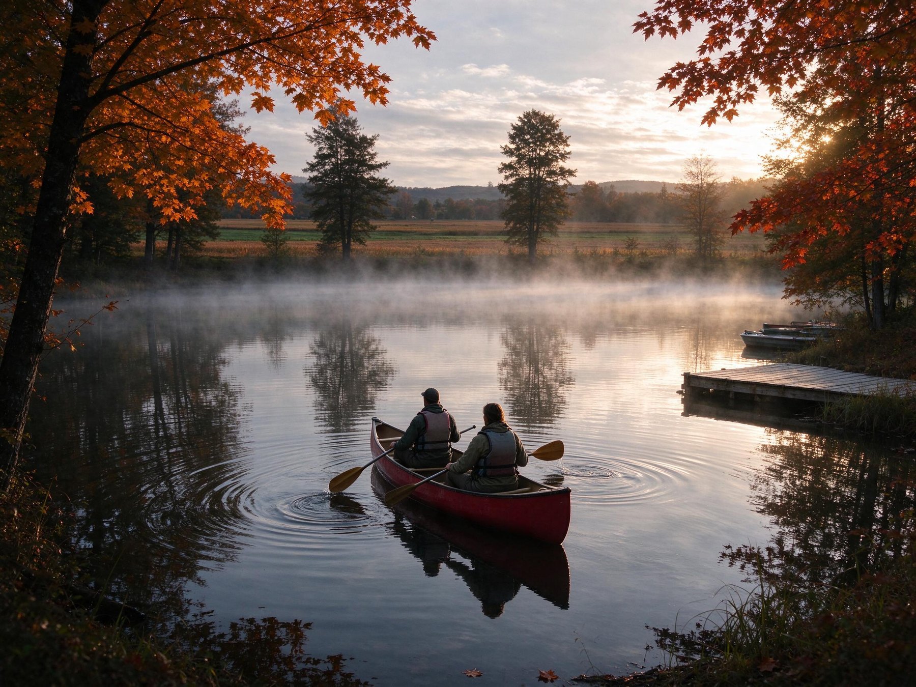 A couple paddling a red canoe on the misty farm pond at dawn