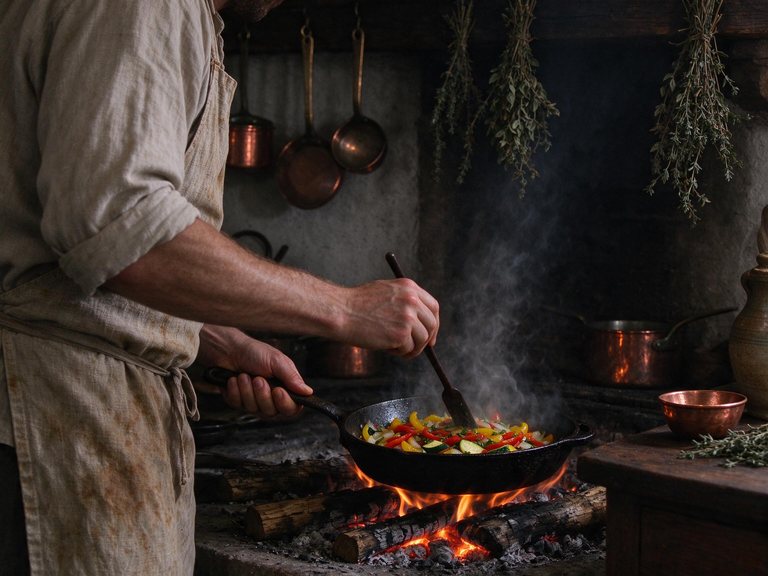 Chef cooking garden vegetables in a cast-iron pan over the wood-fired hearth