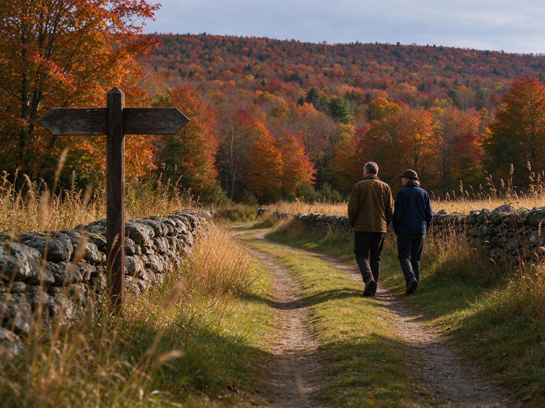 A couple walking a country lane between stone walls toward autumn hills