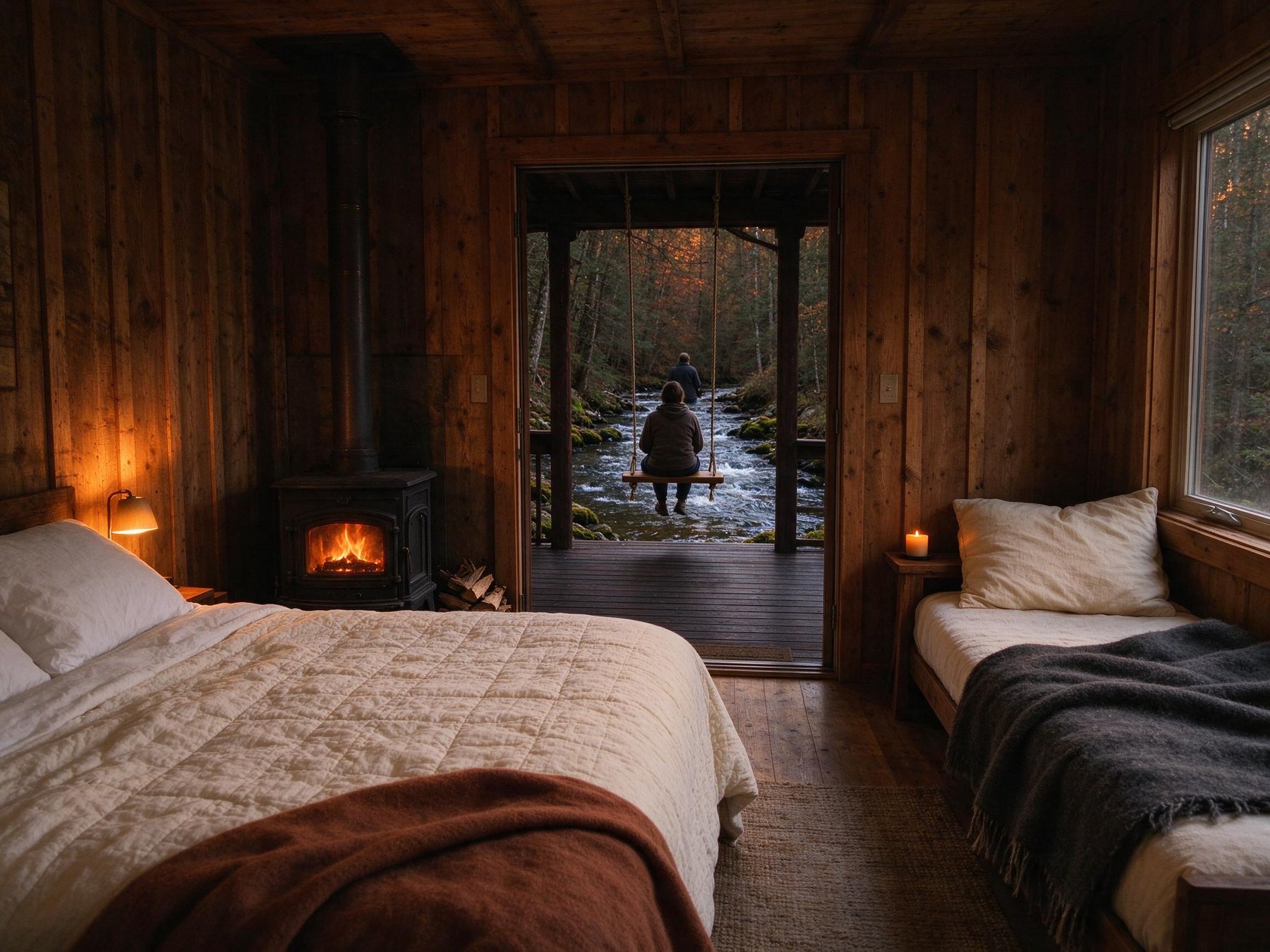 The Creek Cabin with a wood stove and a porch door open to the brook