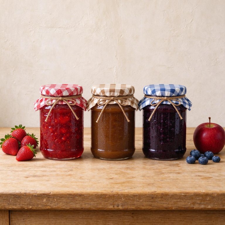 Three jars of strawberry jam, apple butter and blueberry jam