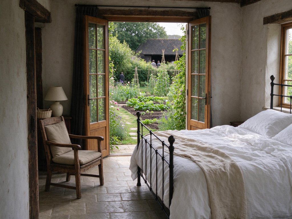 The Garden Room with an iron bed and French doors open onto the kitchen garden