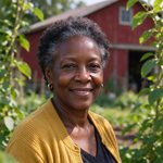 Amara, a guest, in the farm garden