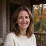 Rebecca, a guest, on the farmhouse porch
