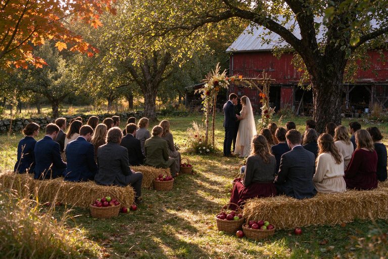 Autumn wedding ceremony under the apple trees with hay bale seating