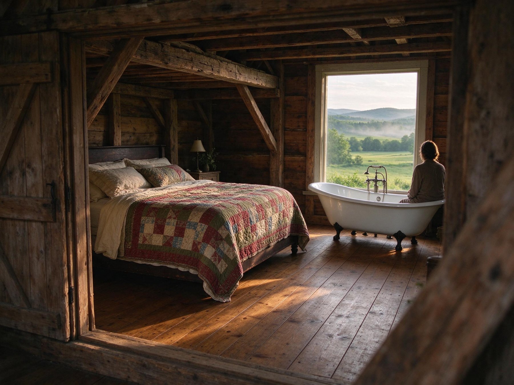 The Hayloft Suite with a king bed under old beams and a clawfoot tub facing the valley