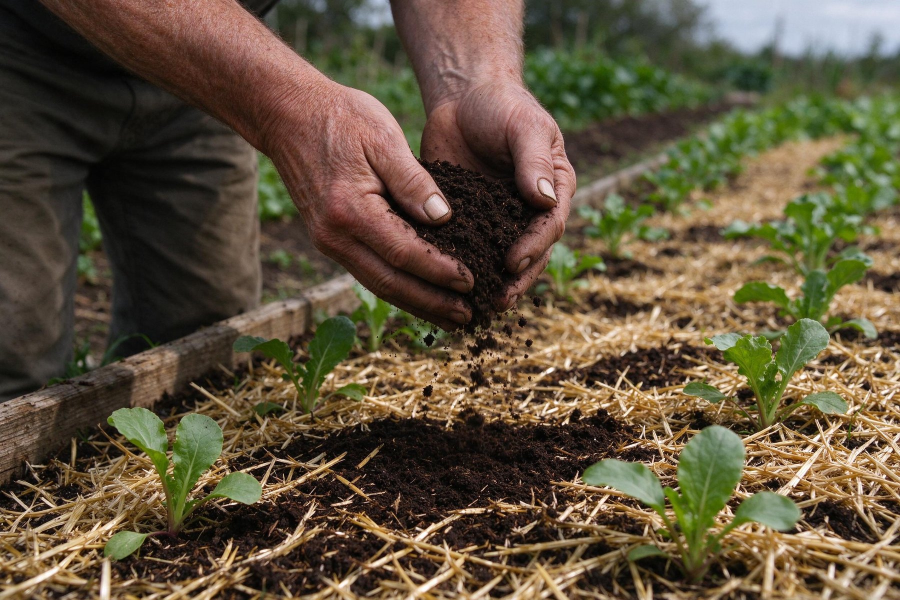 Hands holding dark soil above mulched no-dig vegetable beds