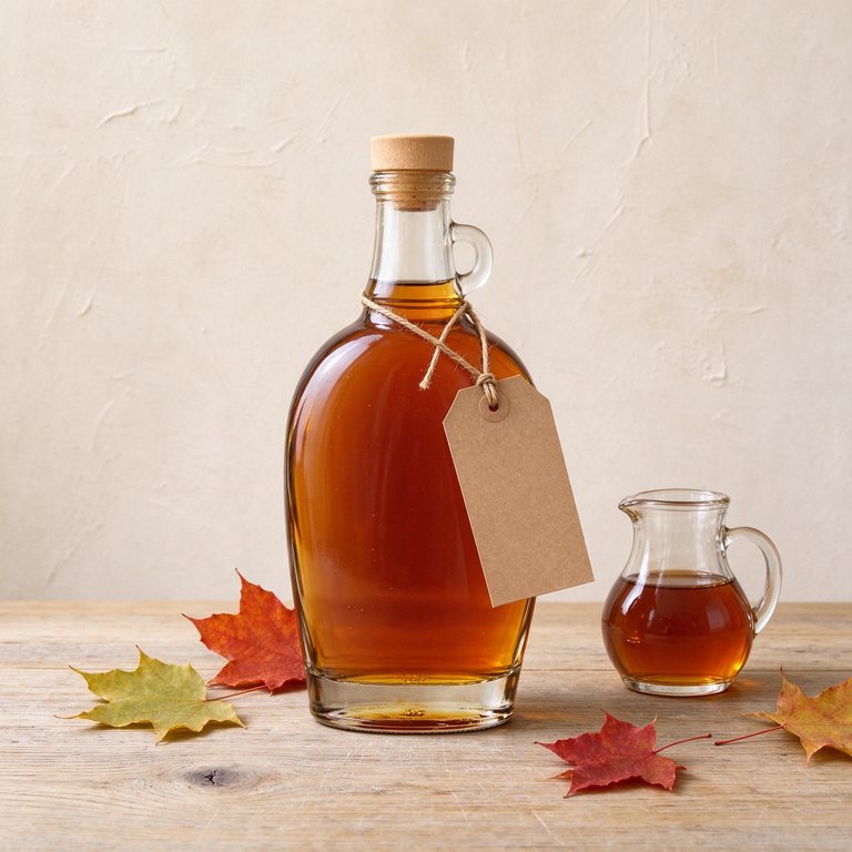 Glass bottle of amber maple syrup with a kraft tag on an oak table