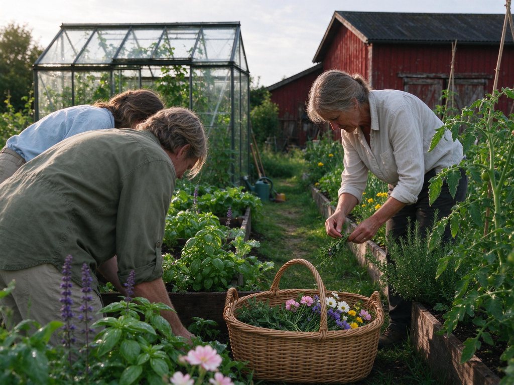 Guests picking herbs and flowers in the kitchen garden with the gardener