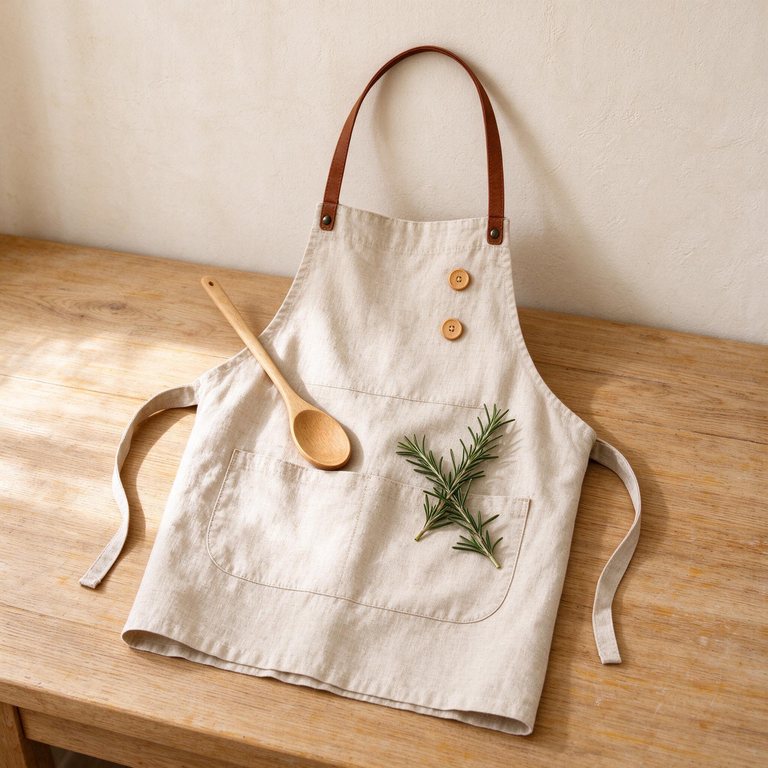 Folded natural linen apron with leather strap and wooden buttons