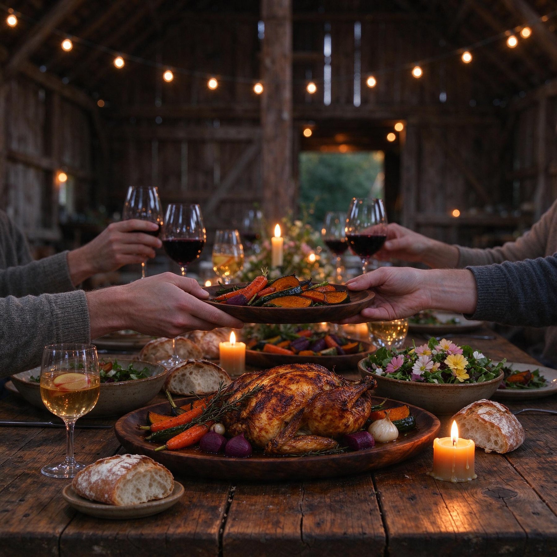 Guests passing platters of roast chicken and vegetables at a candlelit long table in the barn