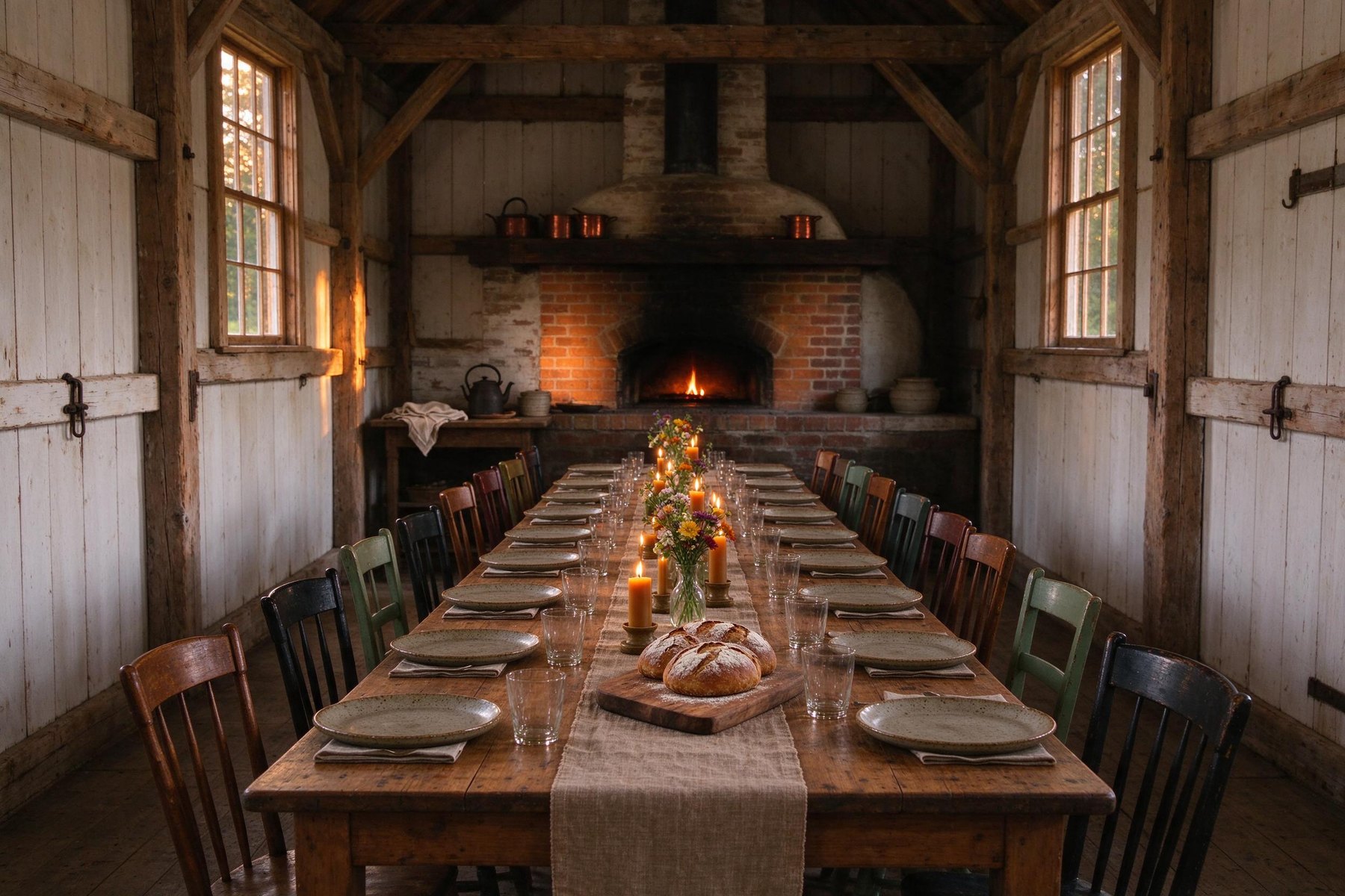 Long wooden table set for supper with candles and sourdough in the old dairy barn, wood-fired oven glowing behind