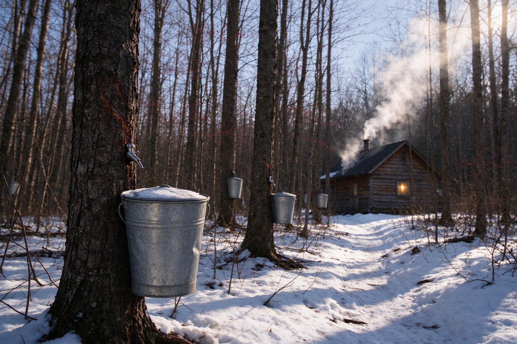 Sap buckets on maple trees in the snow with the steaming sugarhouse behind