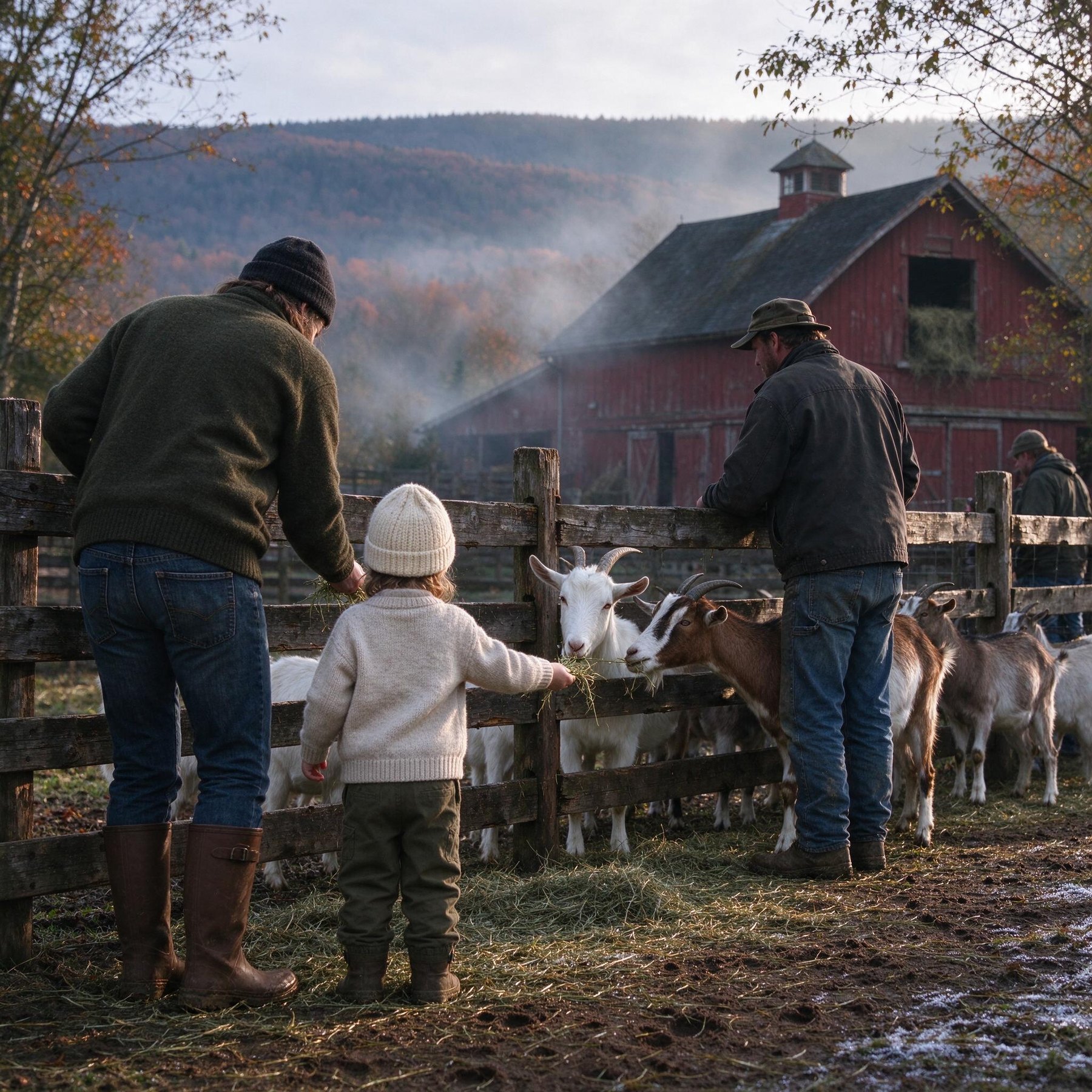Guests and a child feeding the goats at the fence with the farmer, red barn behind