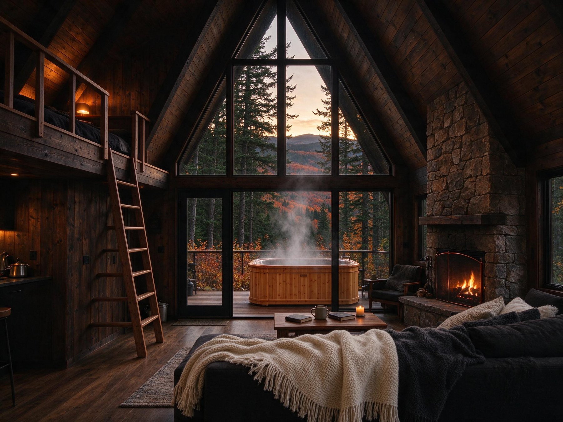 Inside the Pine Ridge A-Frame: a glass wall over the valley, a loft, a stone fireplace and a cedar hot tub on the deck