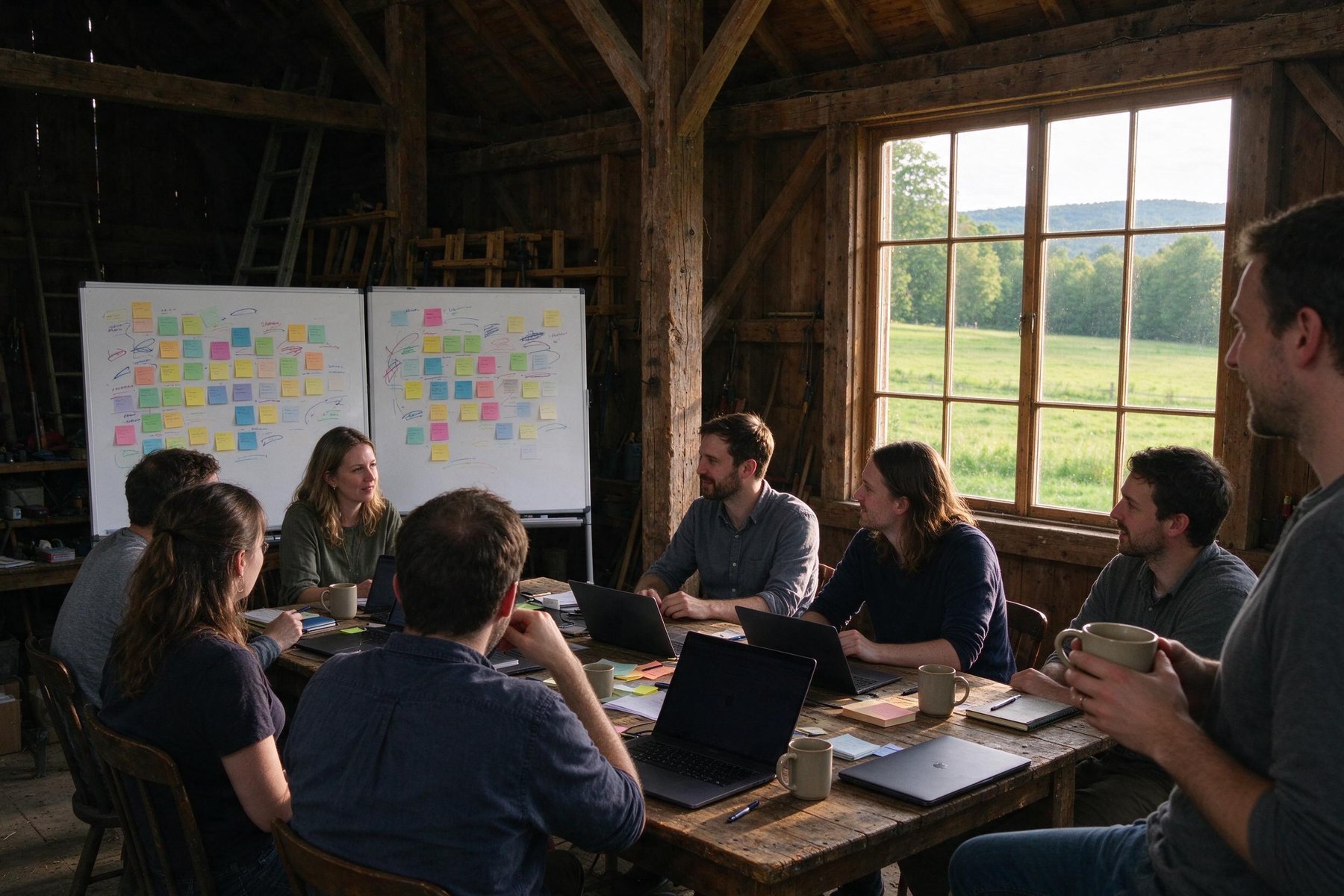 Team workshop in the hayloft overlooking the pasture