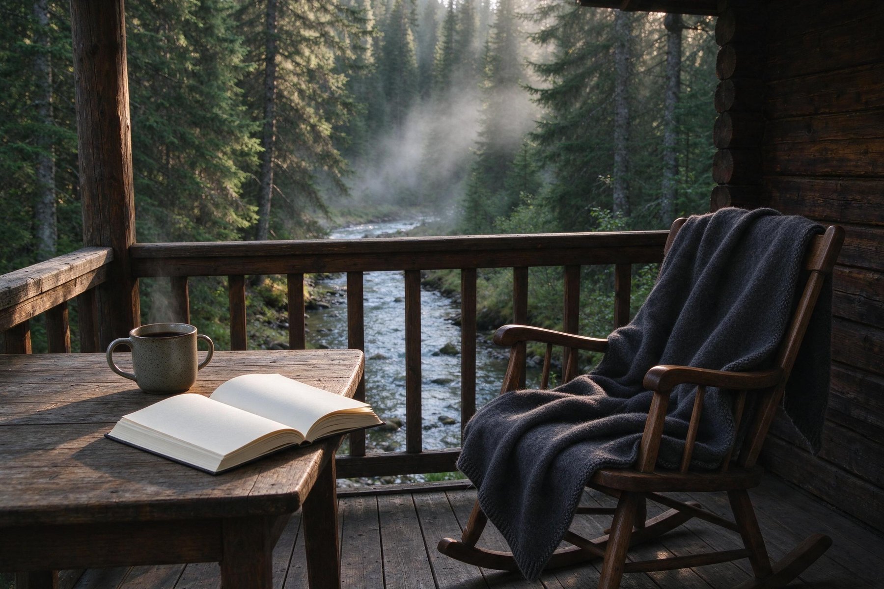 Coffee, a book and a wool blanket on a cabin porch above the creek