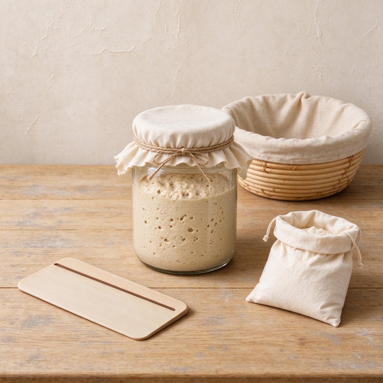 Sourdough starter jar, proofing basket, dough scraper and flour