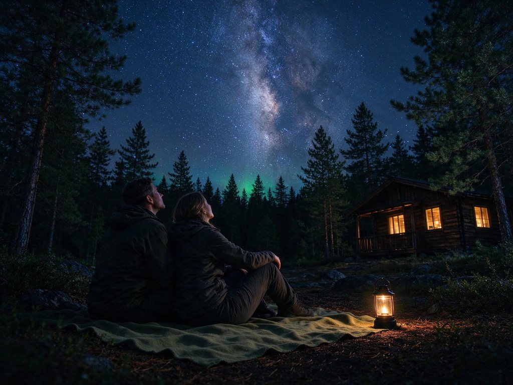 Two guests stargazing in a forest clearing beside a lit cabin