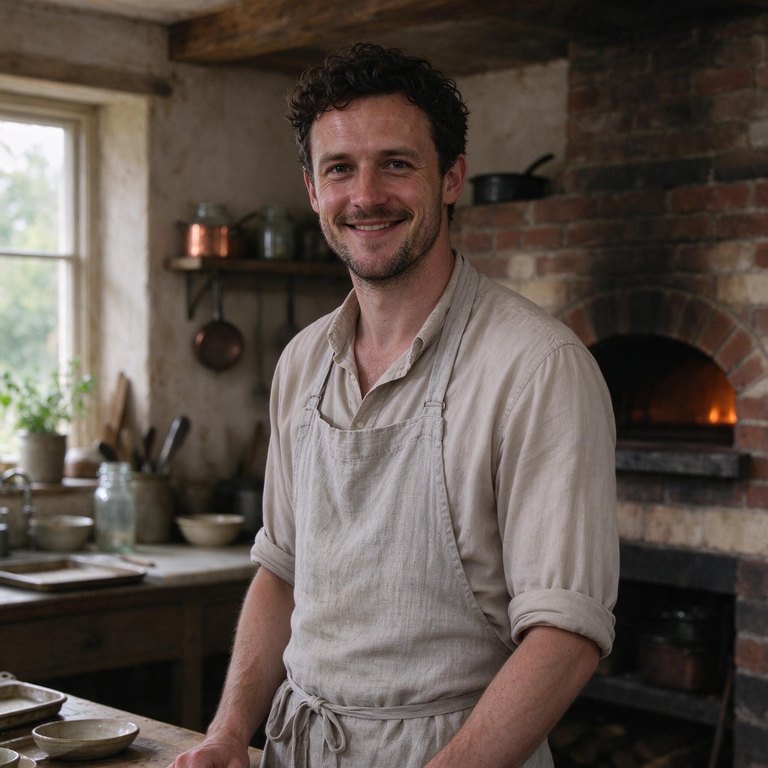 Owen Reyes, head chef, in the farm kitchen by the wood-fired oven