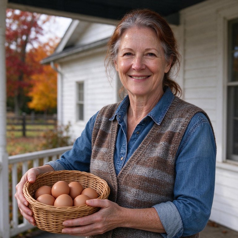 Maggie Callahan, owner and host, on the farmhouse porch with a basket of eggs
