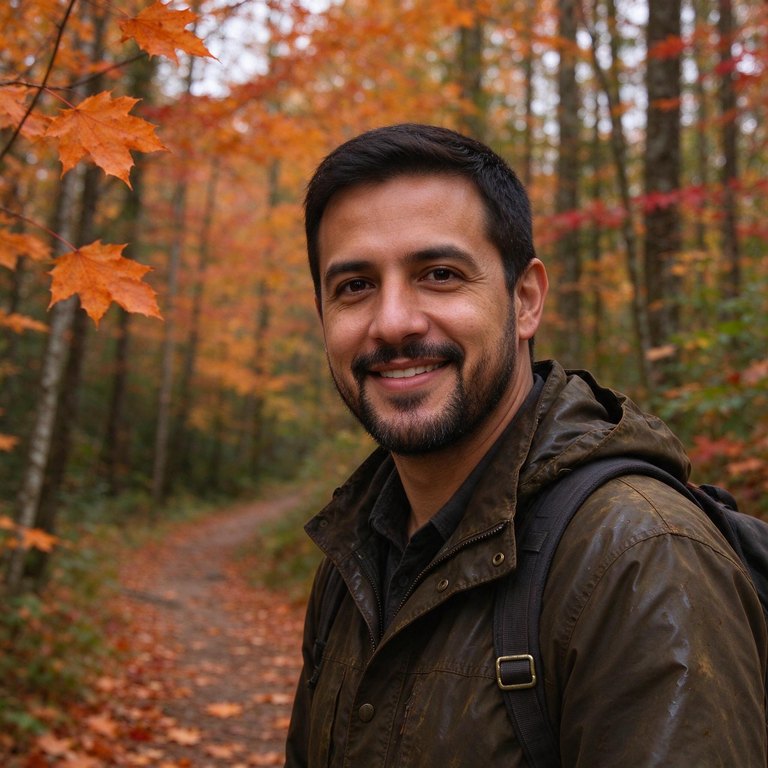 Luis Ortega, trails guide, on a forest trail in autumn