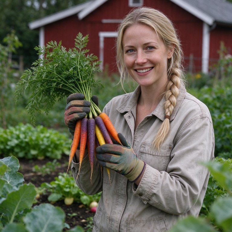 Tessa Lindqvist, head grower, holding rainbow carrots in the kitchen garden