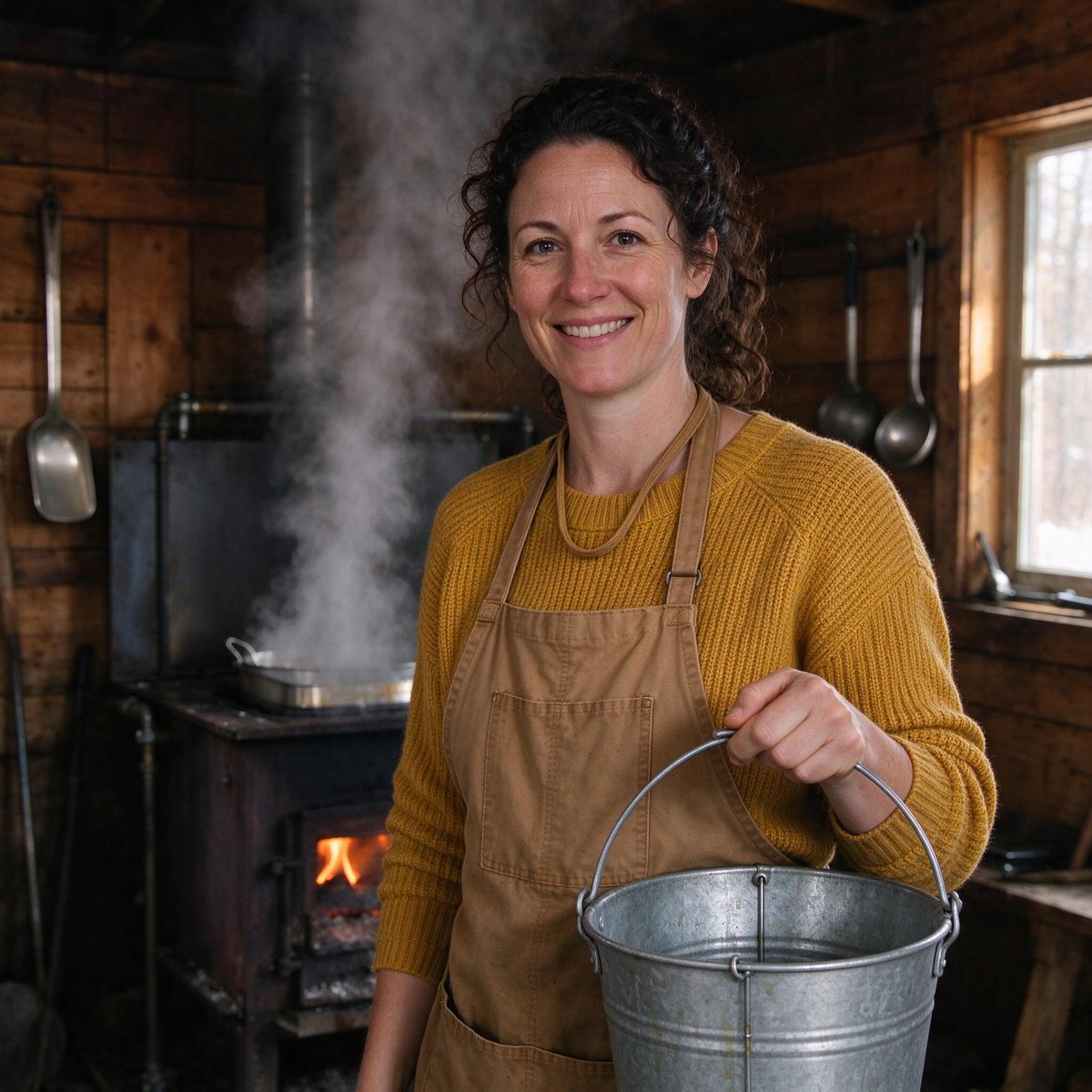 Hannah Brooks smiling in the sugarhouse with a sap bucket