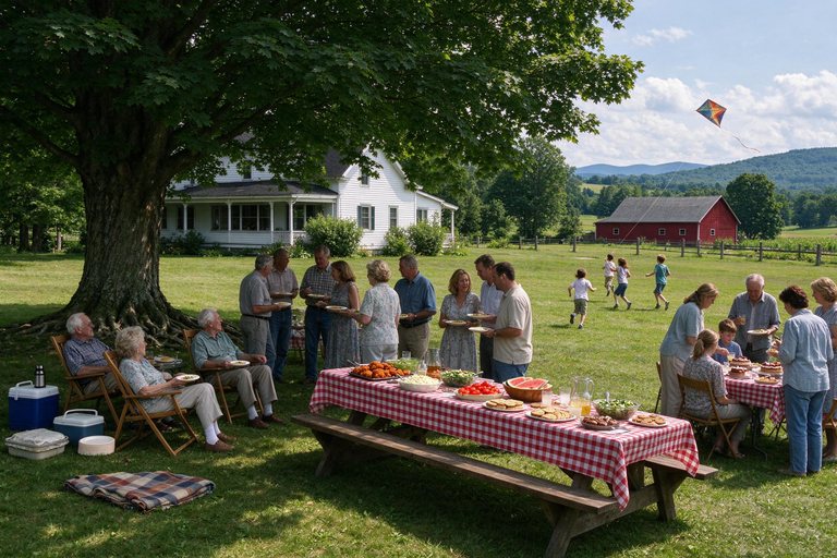 Family reunion picnic under the maple on the farm lawn