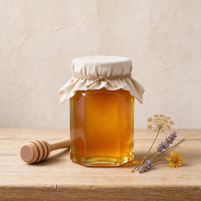Jar of golden wildflower honey with a linen lid and a honey dipper