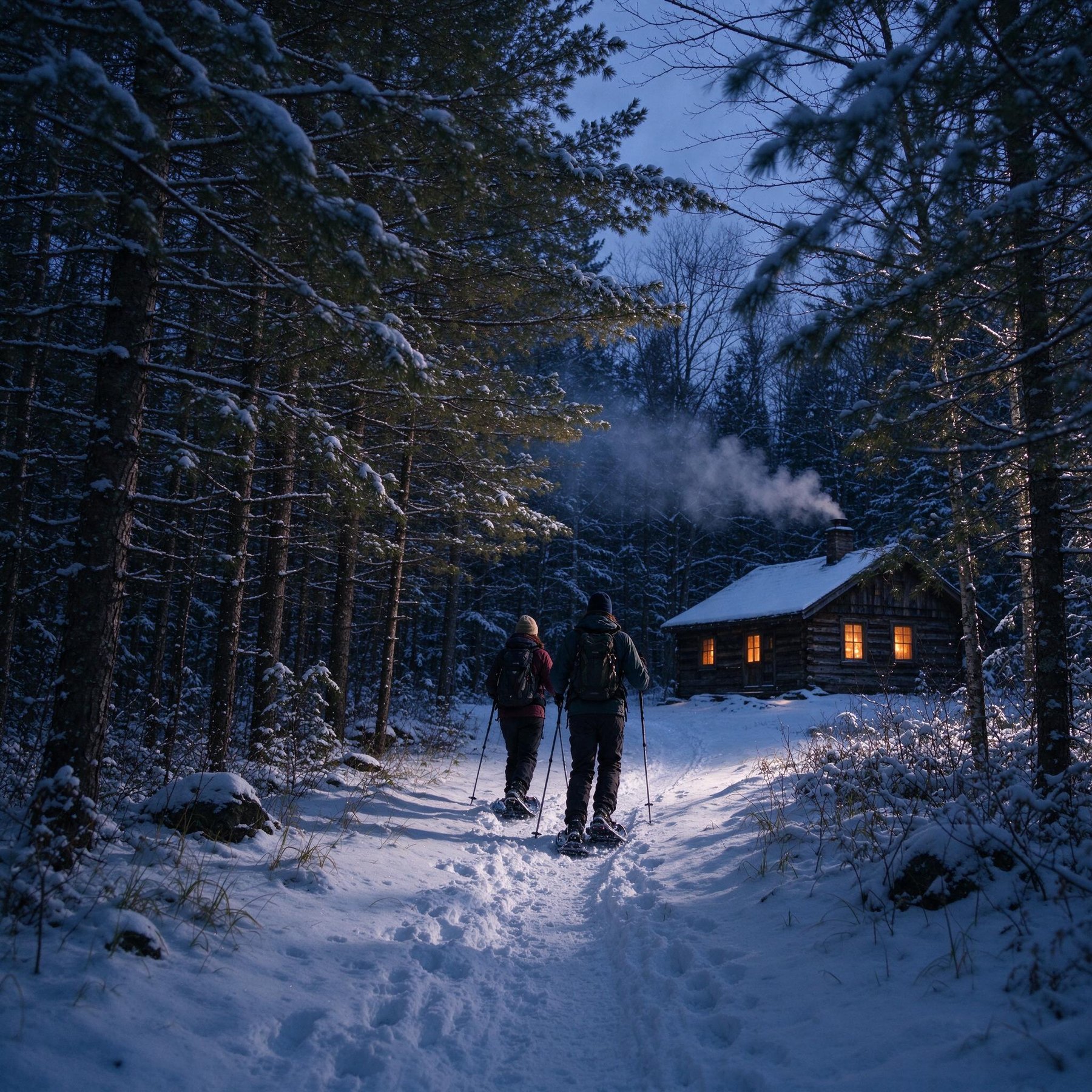 Two guests snowshoeing along a snowy forest trail toward a lit timber cabin at dusk