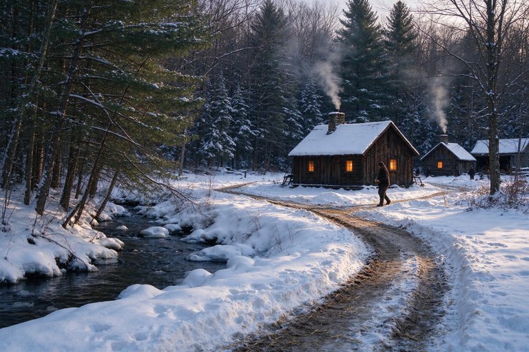 Creek cabins in deep snow with smoking chimneys